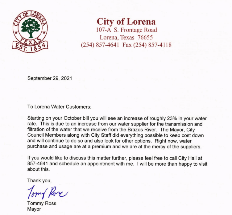 Mayor Tommy Ross Letter 2021
